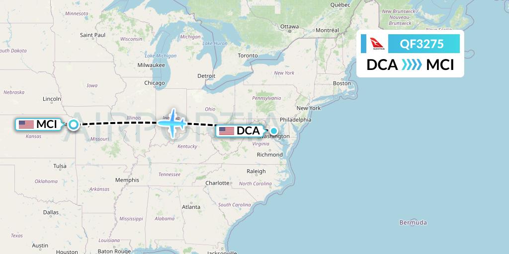 QF3275 Qantas Flight Map: Washington to Kansas City