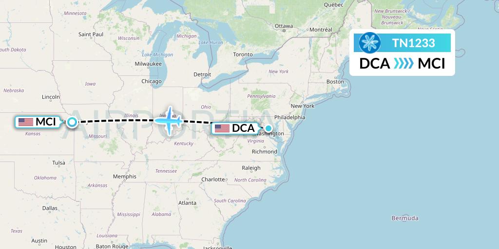 TN1233 Air Tahiti Nui Flight Map: Washington to Kansas City