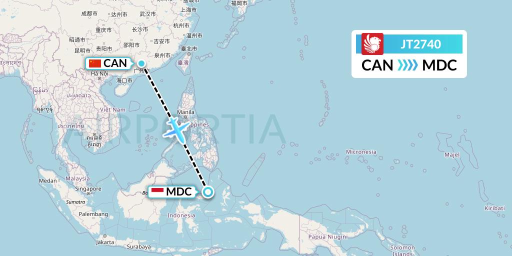 JT2740 Lion Airlines Flight Map: Guangzhou to Manado