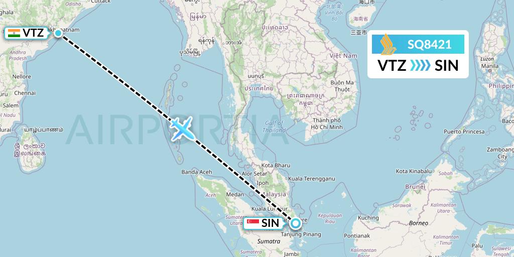 SQ8421 Singapore Airlines Flight Map: Visakhapatnam to Singapore