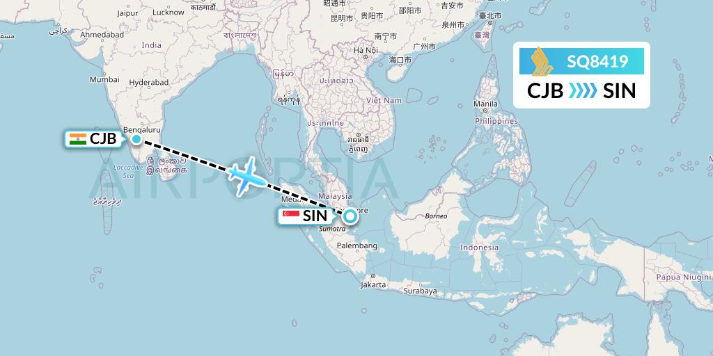 SQ8419 Singapore Airlines Flight Map: Coimbatore to Singapore