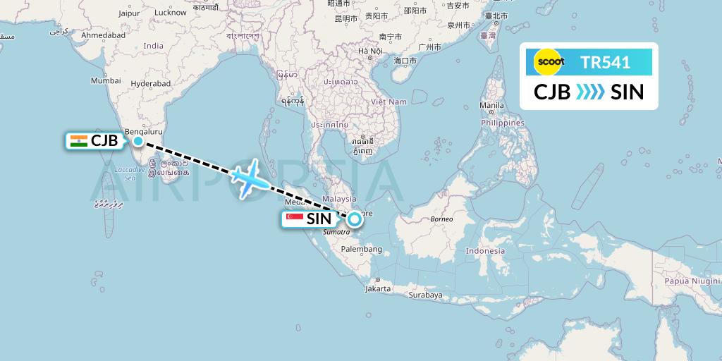 TR541 Tigerair Flight Map: Coimbatore to Singapore