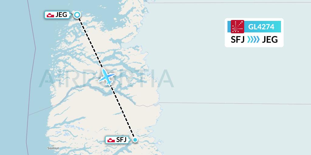 GL4274 Air Greenland Flight Map: Kangerlussuaq to Aasiaat