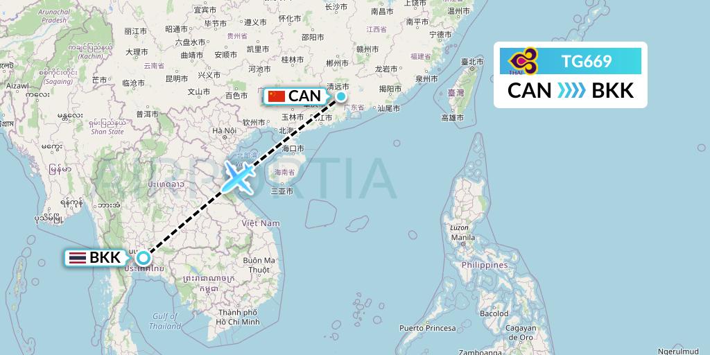 TG669 Thai Airways Flight Map: Guangzhou to Bangkok
