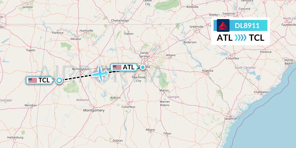 DL8911 Delta Air Lines Flight Map: Atlanta to Tuscaloosa