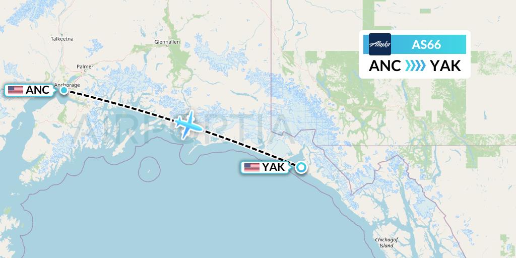 AS66 Alaska Airlines Flight Map: Anchorage to Yakutat