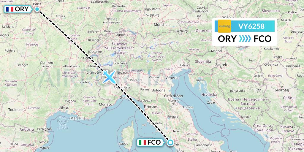 VY6258 Vueling Flight Map: Paris to Rome