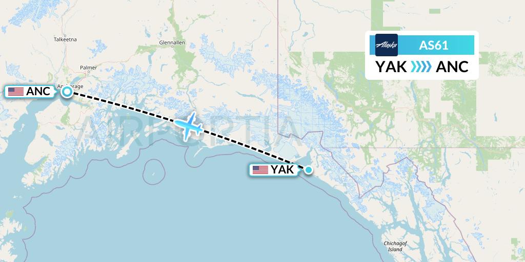 AS61 Alaska Airlines Flight Map: Yakutat to Anchorage