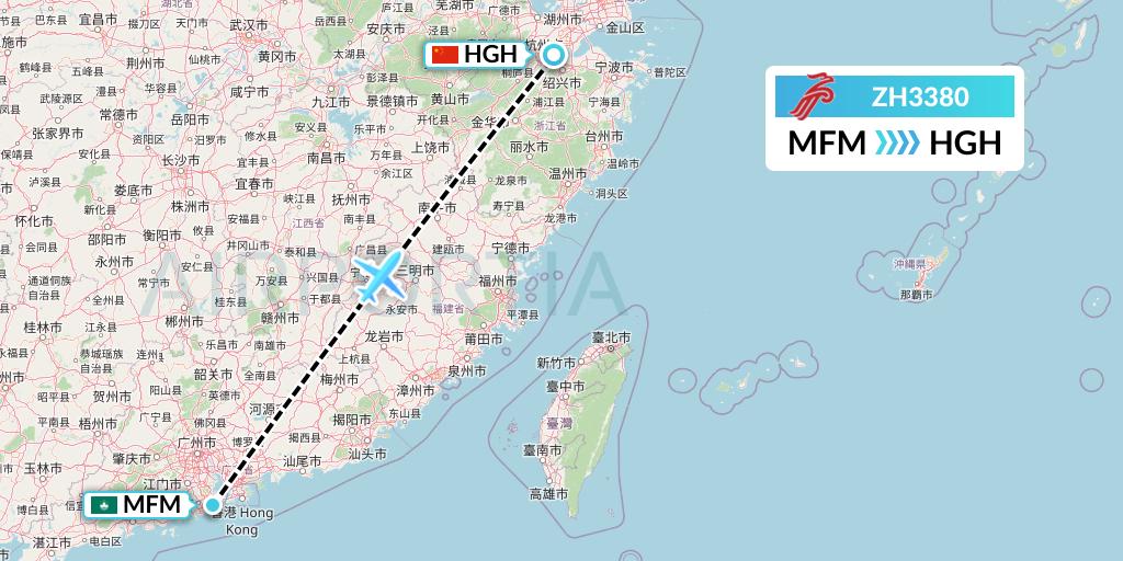 ZH3380 Shenzhen Airlines Flight Map: Macau to Hangzhou