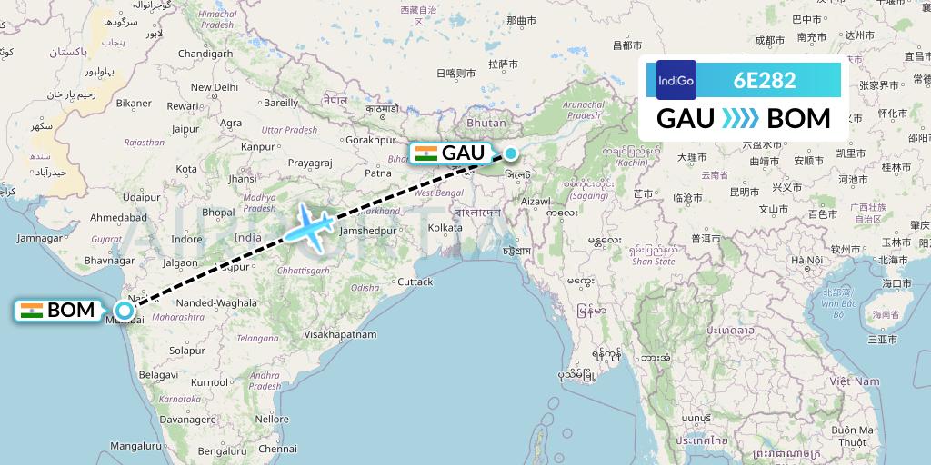 6E282 IndiGo Airlines Flight Map: Guwahati to Mumbai