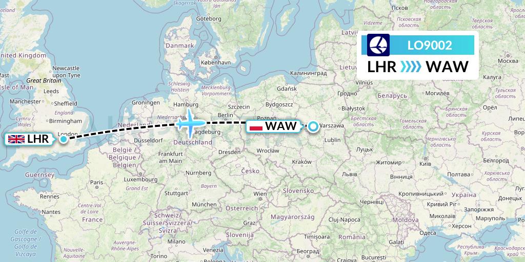 LO9002 LOT Flight Map: London to Warsaw