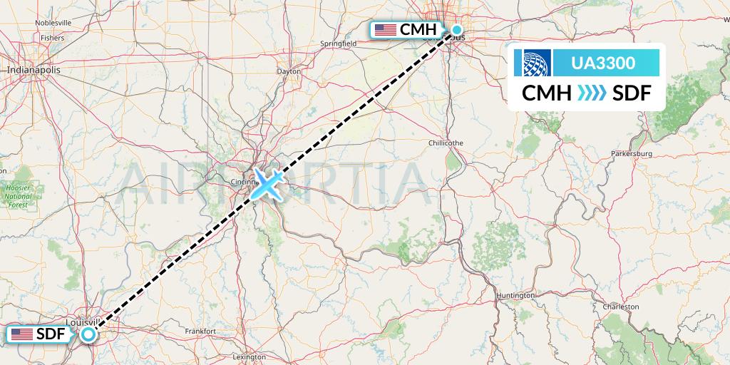 UA3300 United Airlines Flight Map: Columbus to Louisville