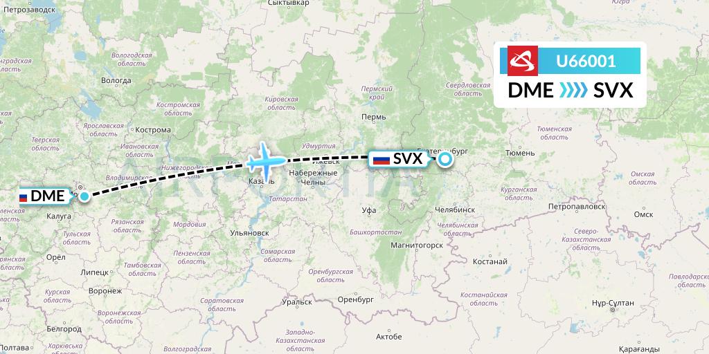 U66001 Ural Airlines Flight Map: Moscow to Yekaterinburg