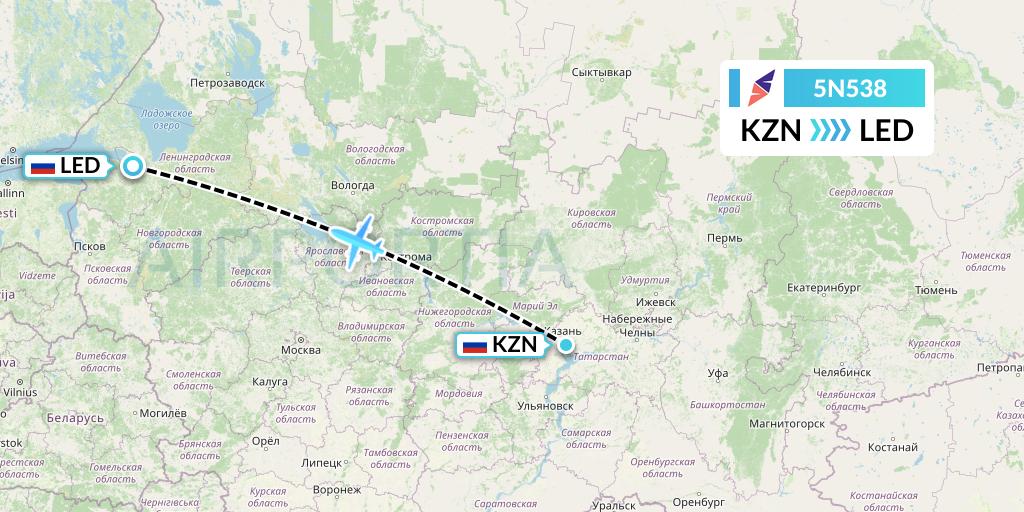5N538 Nordavia Flight Map: Kazan to St. Petersburg