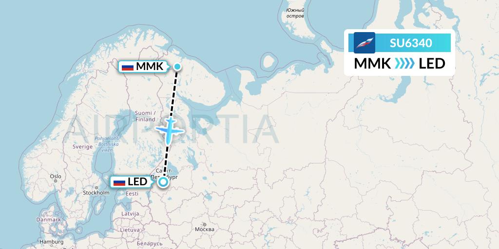 SU6340 Aeroflot Flight Map: Murmansk to St. Petersburg