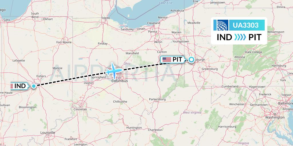 UA3303 United Airlines Flight Map: Indianapolis to Pittsburgh