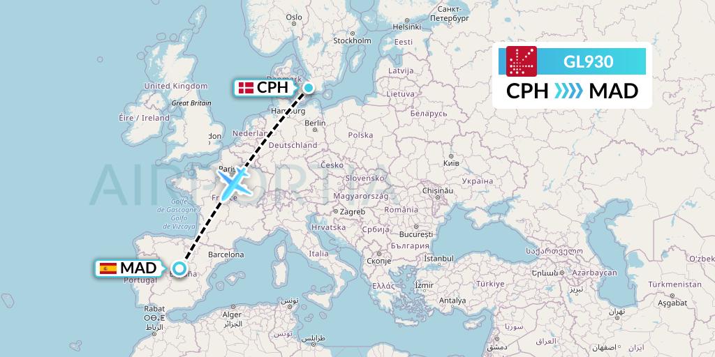 GL930 Air Greenland Flight Map: Copenhagen to Madrid