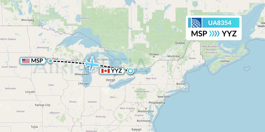 UA8354 United Airlines Flight Map: Minneapolis to Toronto