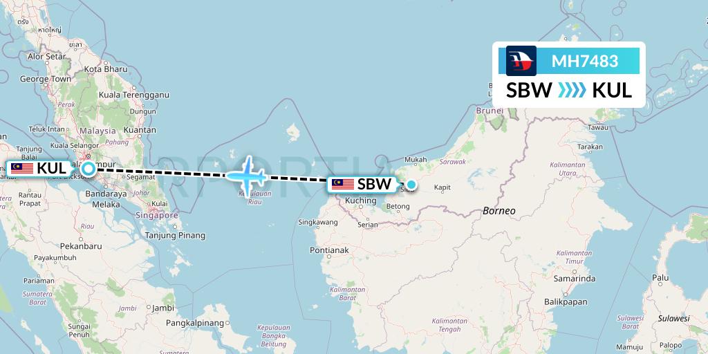 MH7483 Malaysia Airlines Flight Map: Sibu to Kuala Lumpur