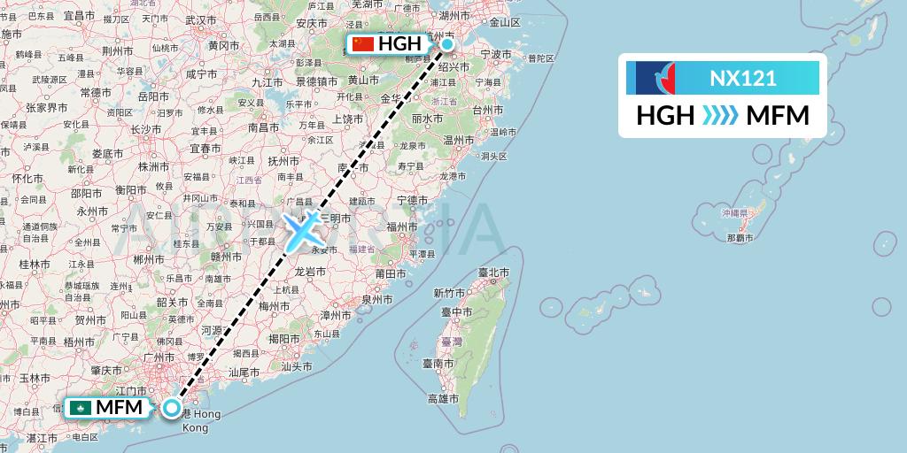 NX121 Air Macau Flight Map: Hangzhou to Macau