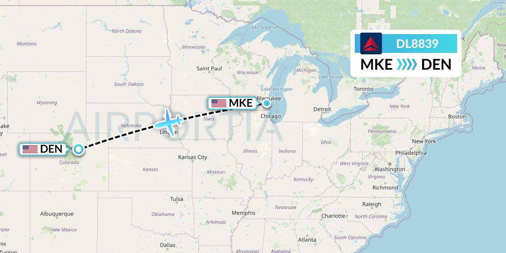 DL8839 Delta Air Lines Flight Map: Milwaukee to Denver
