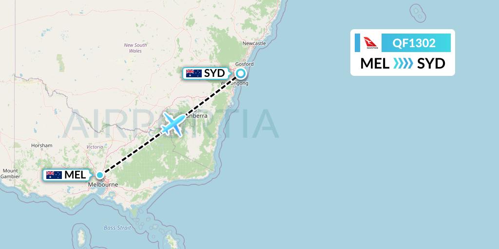 QF1302 Qantas Flight Map: Melbourne to Sydney