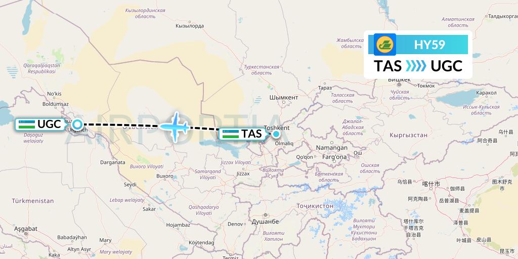 HY59 Uzbekistan Airways Flight Map: Tashkent to Urgench
