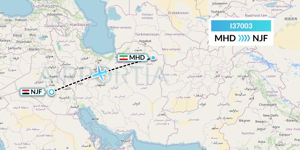 I37003 ATA Airlines Flight Map: Mashhad to Najaf