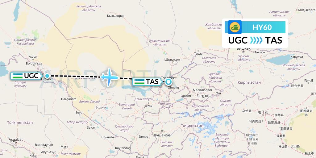 HY60 Uzbekistan Airways Flight Map: Urgench to Tashkent