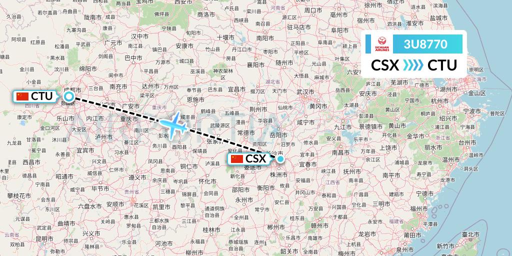 3U8770 Sichuan Airlines Flight Map: Changsha to Chengdu