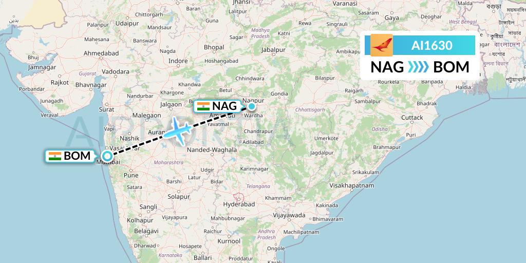AI1630 Air India Flight Map: Nagpur to Mumbai