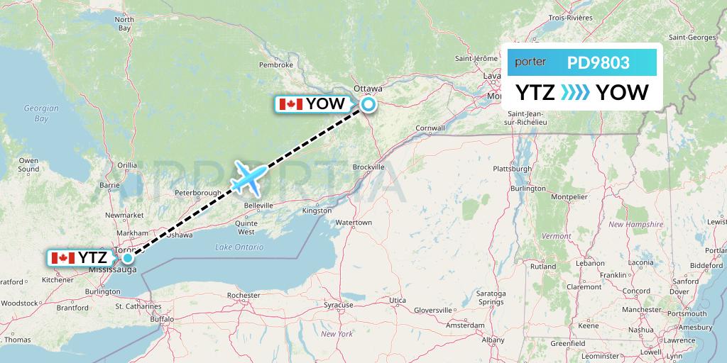 PD9803 Porter Airlines Flight Map: Toronto to Ottawa