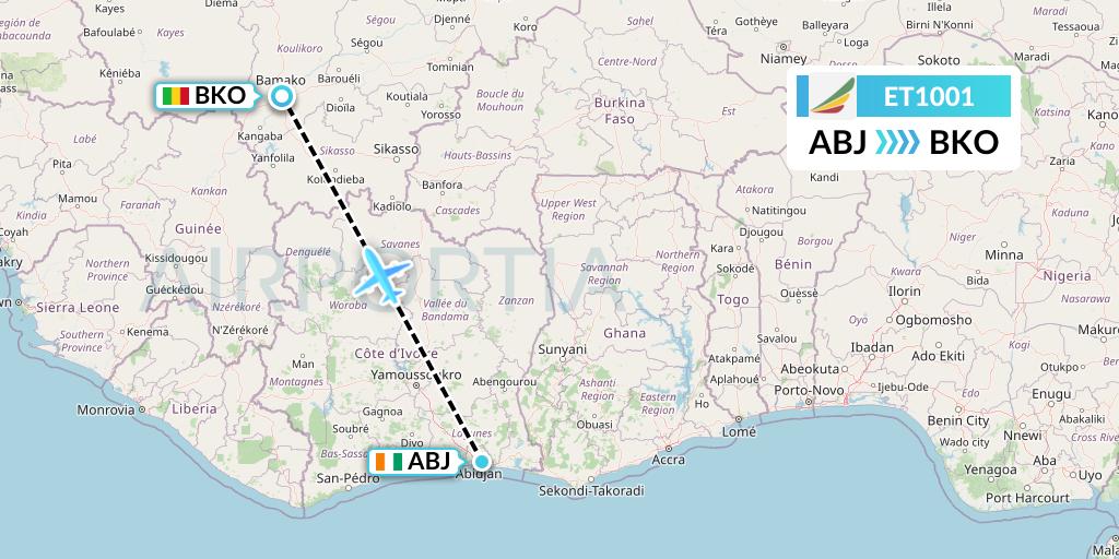 ET1001 Ethiopian Airlines Flight Map: Abidjan to Bamako