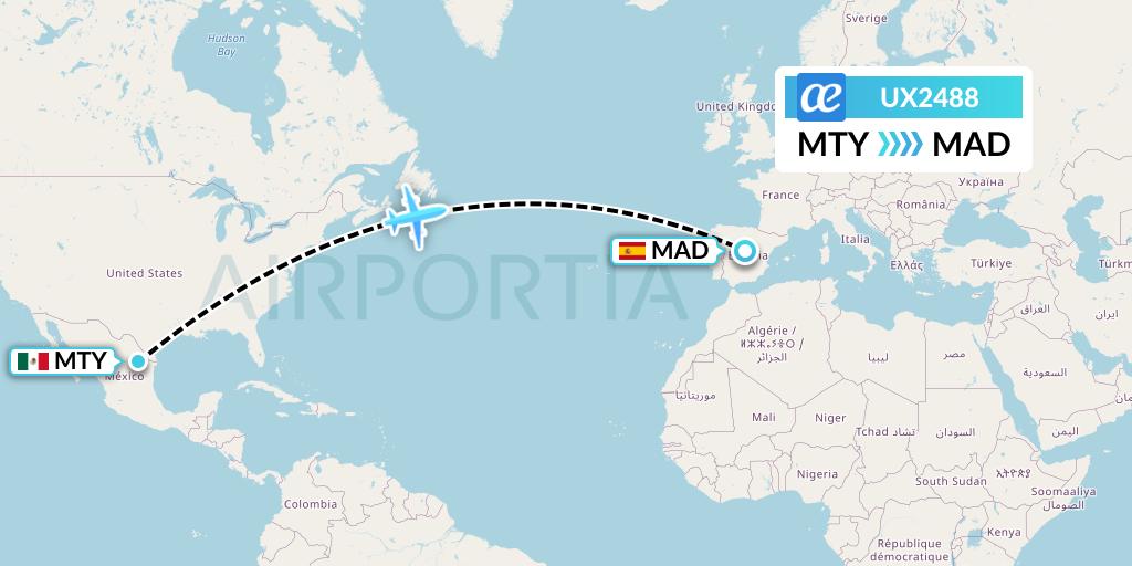 UX2488 Air Europa Flight Map: Monterrey to Madrid