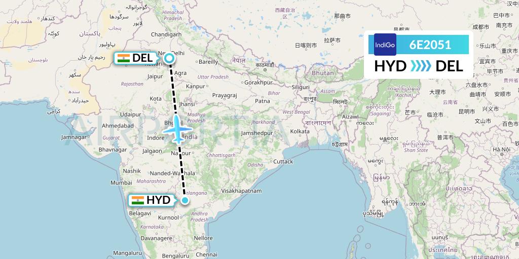 6E2051 IndiGo Airlines Flight Map: Hyderabad to Delhi