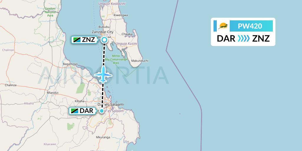 PW420 Precision Air Flight Map: Dar-es-Salaam to Zanzibar