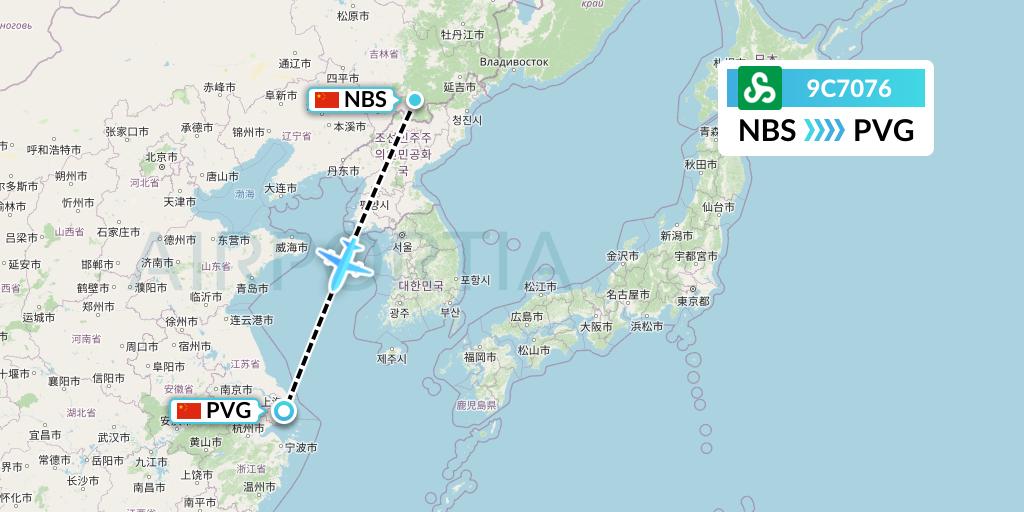 9C7076 Spring Airlines Flight Map: Baishan to Shanghai