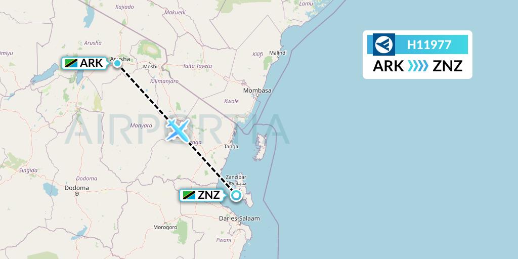 H11977 Hahn Air Systems Flight Map: Arusha to Zanzibar