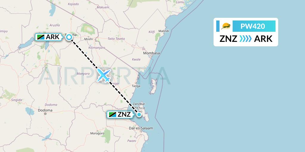 PW420 Precision Air Flight Map: Zanzibar to Arusha