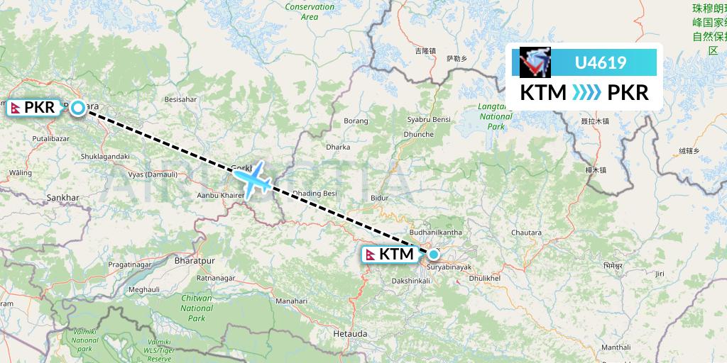 U4619 Buddha Air Flight Map: Kathmandu to Pokhara