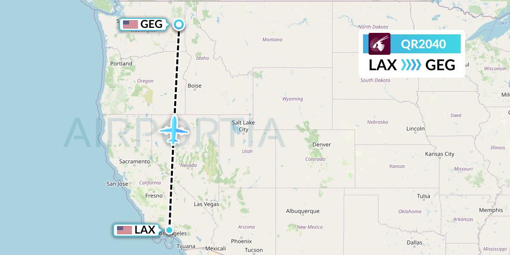 QR2040 Qatar Airways Flight Map: Los Angeles to Spokane