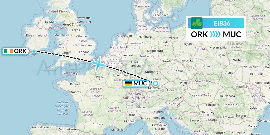 EI836 Aer Lingus Flight Map: Cork to Munich