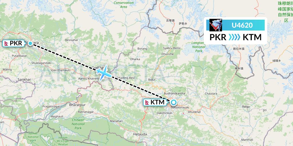 U4620 Buddha Air Flight Map: Pokhara to Kathmandu