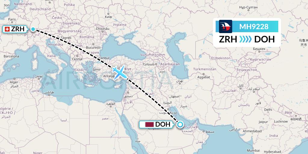 MH9228 Malaysia Airlines Flight Map: Zurich to Doha