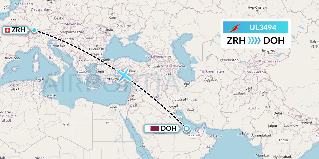 UL3494 SriLankan Airlines Flight Map: Zurich to Doha
