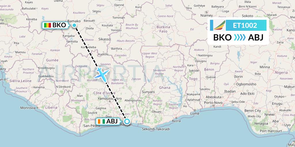 ET1002 Ethiopian Airlines Flight Map: Bamako to Abidjan