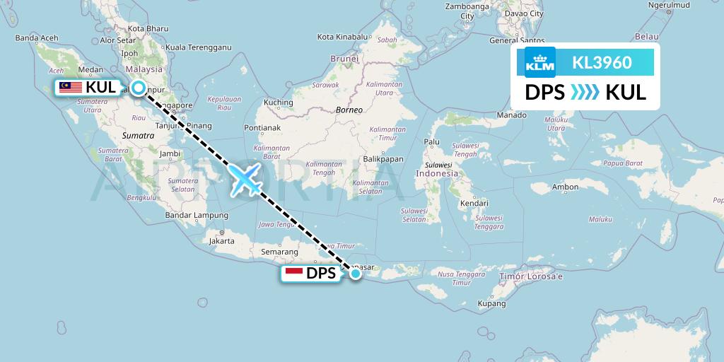 KL3960 KLM Flight Map: Denpasar to Kuala Lumpur