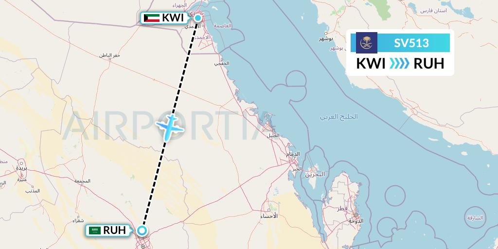 SV513 Saudi Arabian Airlines Flight Map: Kuwait City to Riyadh