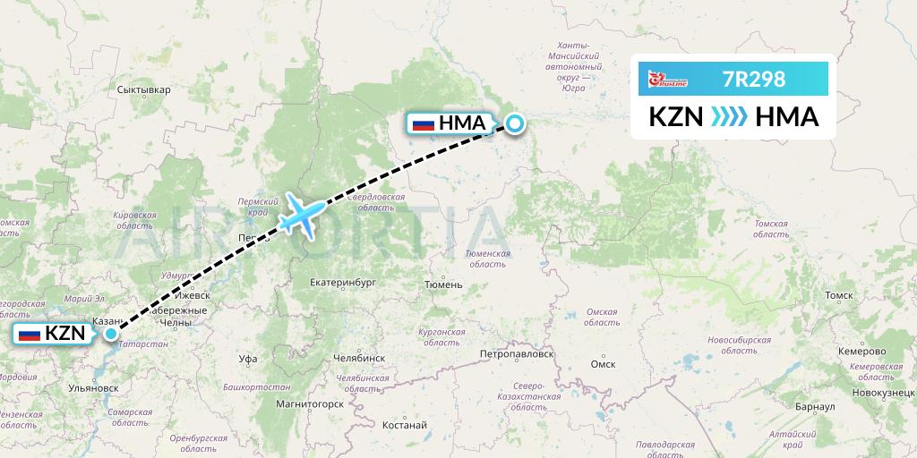 7R298 Rusline Flight Map: Kazan to Khanty-Mansiysk
