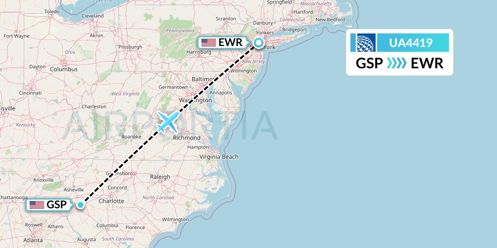 UA4419 United Airlines Flight Map: Greenville-Spartanburg to New York